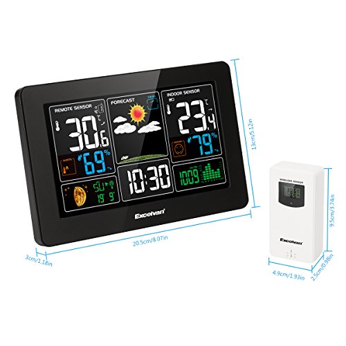 Excelvan Digital Wireless Weather Station with Large LCD Color Display, Barometer for Weather Forecast with Indoor and Outdoor Sensor, Temperature Humidity Monitor, Alarm Clock, Black