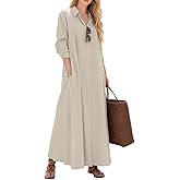 Womens Linen Cotton Boho Floral Maxi Button Down Shirt Dresses Plus Size Long Sleeve Beach Casual Loose Tunic Dress for Women