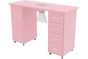 Cimcame Manicure Table for Nail Tech 47 inch Nail Desk w/Electric Downdraft Vent/Drawers/Wrist Pad/Lockable Wheels Acetone Resistant Nail Art Station for Salon Spa Beauty Bar Technician,Pink