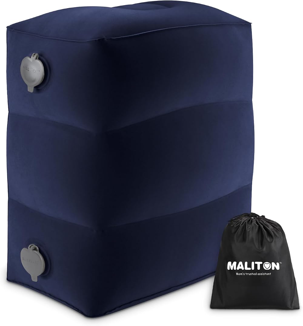 Maliton Inflatable Airplane Footrest Navy Blue Adjustable Travel Pillow