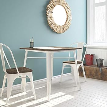 DHP Fusion Metal Square Dining Table with Wood Table Top, Distressed Metal Finish for Industrial Appeal, White