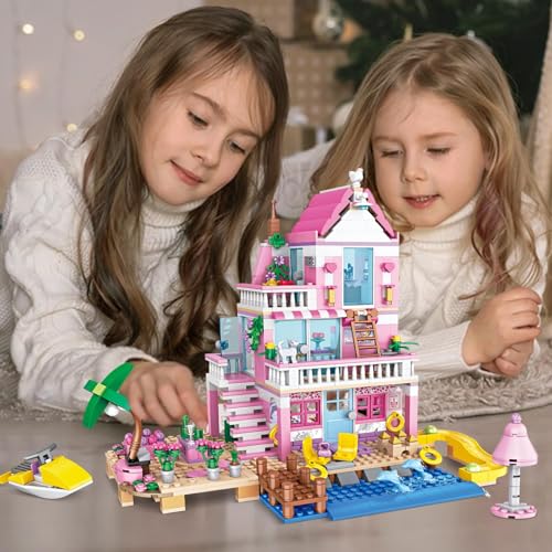 Uniiking® 822 PCS Beach House Building Set, Pink Girls Seaside Beach Villa Friends Building Set Compatible with Le-go Friends Construction Educational Toy for Kids Age 8-12 and Up