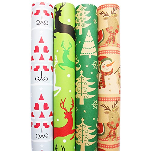 Christmas Holiday Wrapping Paper Rolls - Pack of 4 Rolls 160SQFT Silver Christmas Trees Elegant Reindeer Green Whimsical Trees and Snowman and Reindeer