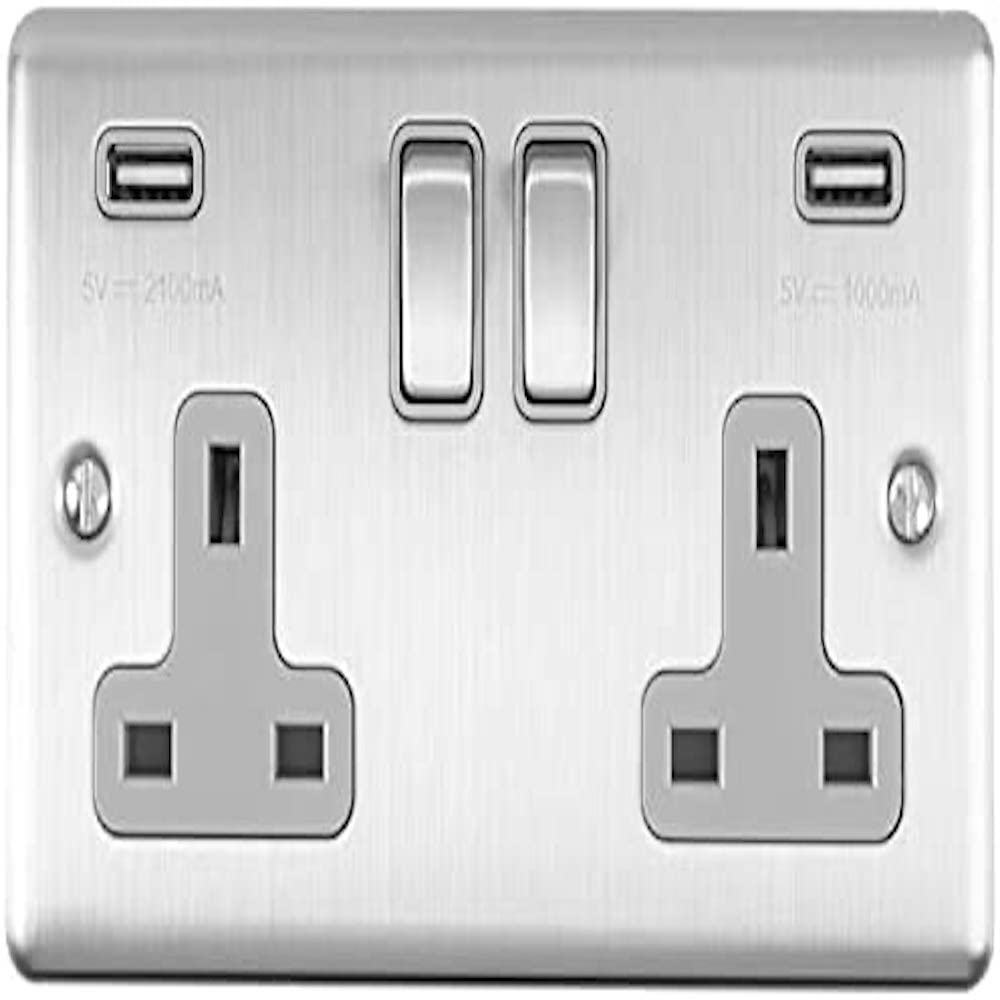 Eurolite Enhance Decorative 2 Gang USB Socket Satin Stainless Finish with Grey Trim, EN2USBSSG