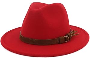 Vim Tree Unisex Wide Brim Felt Fedora Hats Men Women Panama Trilby Hat with Band Red M (Head Circumference 22"-22.8")