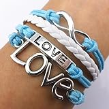 EVERMARKET(TM) Handmade Infinity Bracelet Love Sky Blue Rope White Leather Weave Vintage Silver