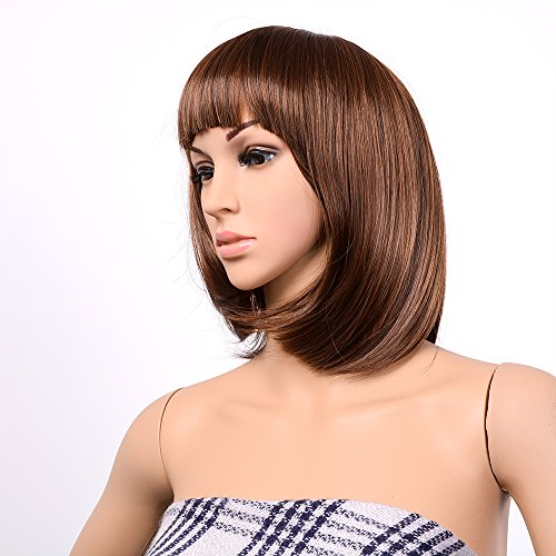 AGPtEK 13 Inches Bob Style Wig Disco Party Short Straight Bang Hair Heat Resistant Full Wig-Light brown