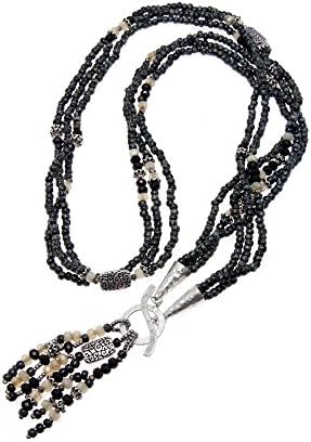 Long Lariat with Black and Green Seed Beads Antique Silver Beads Three Strand Necklace with Tassel and Fine Silver Cones 31" LLD Jewelry