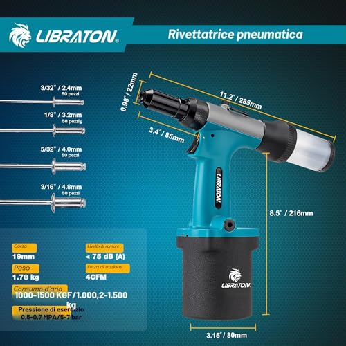 LIBRATON Pneumatic Riveter Kit, Heavy Duty Pneumatic Riveter Gu 2.4mm 3.2mm 4.0mm 4.8mm with 200c Rivet, Professional Auto Repair Tool, Suctio Design
