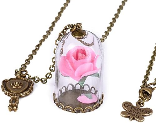 Womens Girls Beauty and the Beast Rose in Glass Dome Enchanted Rose Necklace Jewelry Belle Cosplay (Pink)