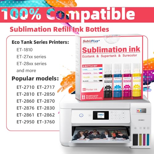 Sublimation Ink for Eco Tank Printer, Sublimation Ink Refill Bottles Compatible for ET-15000 ET-1810 ET-2850 ET-2860 ET-2870 ET-2876 ET-2820 ET-4800 ET-2760 ET-2800 ET-14000 Printer（K C M Y）