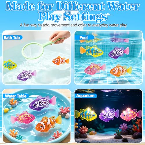 AM ANNA Magic Swimming Fish Toy Water-Activated Robotic, Glowing Light-Up Fish Interactive, 4PCS Pink Yellow Purple Orange with Seaweed, Floating Wagging Tail for Bathtub Pool Cat (4 Fish)