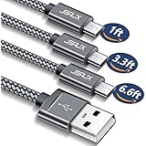 Micro USB Cable Android, JSAUX 3-Pack(1ft+3.3ft+6.6ft) Micro USB to USB A High Speed Sync Charger Nylon Braided Cord for Samsung galaxy S6 S7 Edge Note 5,Kindle,LG,Xbox,PS4,Camera and More(Grey)