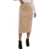 HERBATOMIA Women’s Midi Ribbed Skirt Fringe Stretchy Pencil Back Slit Knit Long Sweater Skirts for Women with Pockets