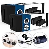 Cable Management Box Organizer Set, Pack of 2 with Configuration Kit, Updated Anti-Skid Design, Large and Medium Black Boxes with Cable Ties, Clips and Sleeve. Covers and Hides Cords/Wires/Power Strip