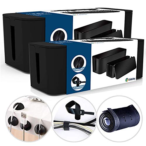 Cable Management Box Organizer Set, Pack of 2 with Configuration Kit, Updated Anti-Skid Design, Large and Medium Black Boxes with Cable Ties, Clips and Sleeve. Covers and Hides Cords/Wires/Power Strip