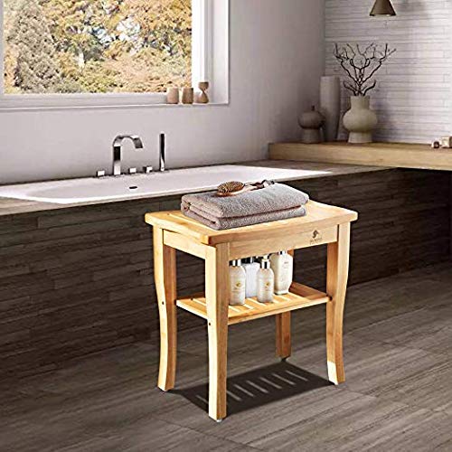 SUNVIVI OUTDOOR Bamboo Shower Stool Bench with Storage Shelf
