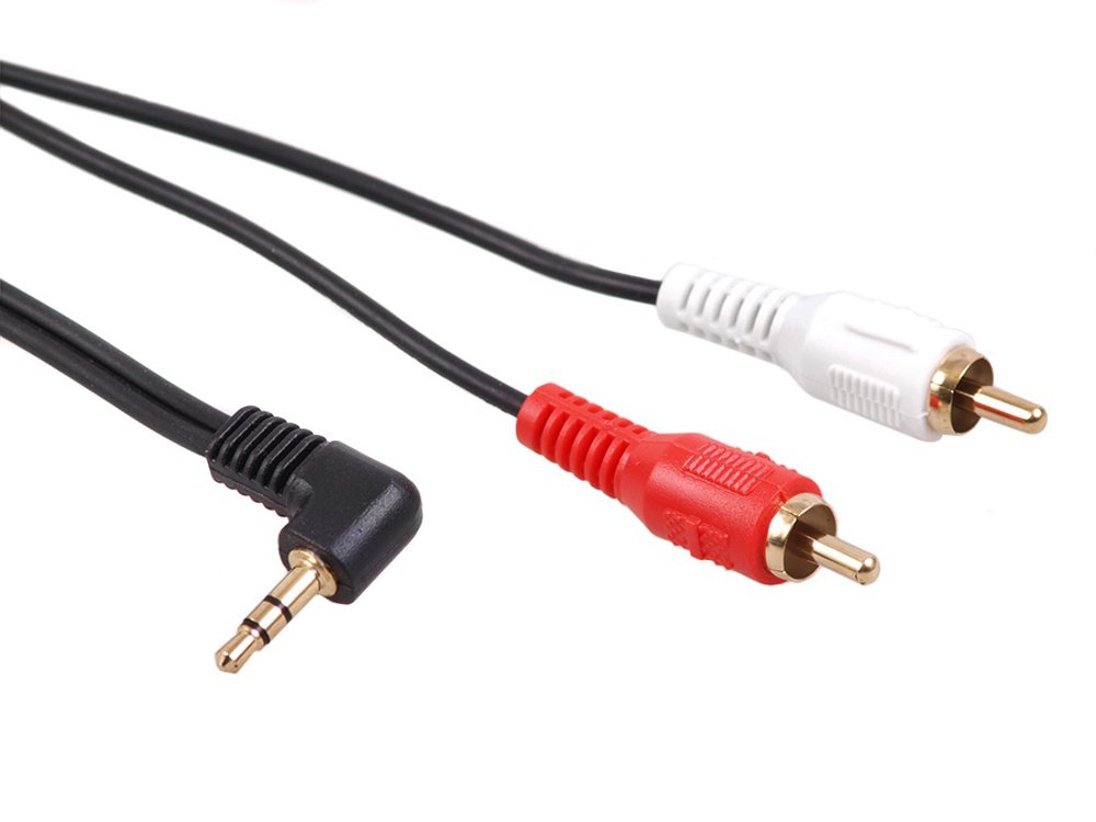 Maclean Audio Metal 3.5mm Stereo Jack Angled 90 ° to 2 RCA Phono Plugs Cable Gold (1M)