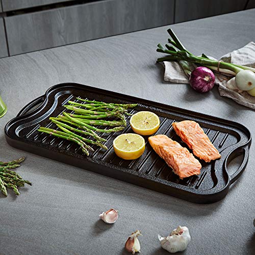 Uno Casa Cast Iron Griddle Grill Pan for Stove Top - 20x10 Inch Pre-Seasoned Camping Griddle with Chainmail Cleaner