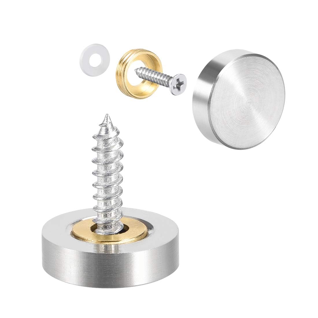 TOP-VIGOR 8Pcs Mirror Screws, 18mm Cap Nail With Washers, Decorative Cap Covers Brushed Nails for Mirrors, Furniture Fittings, Tables, Wardrobes, Glass, Silver