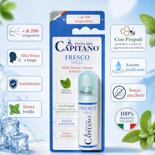 Pasta del Capitano Fresh Breath Spray, 15 ml, Oral Antialysis Spray, Antibacterial with Propolis, Zinc and Cold Mint, Immediate Fresh Breath, Alcohol Free and Sugar Free
