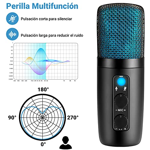 Micrófono Condensador USB+Tipo C, Micrófono de Computadora RGB con Filtro Pop y Trípode Adecuado para Windows, Mac OS, Linux, PC, Micrófono Multifuncional para Podcasts, Videoblog, Gaming, Streaming
