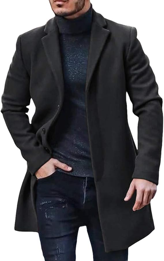 Men's Long Trench Coat Slim Fit Topcoats Business Notch Lapel Single