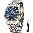 OLEVS Men Watch Blue Gold Analog Quartz Stainless Steel Waterproof Luminous Date Luxury Casual Watch