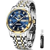 OLEVS Men Watch Blue Gold Analog Quartz Stainless Steel Waterproof Luminous Date Luxury Casual Watch