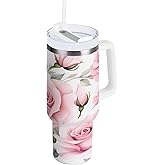 40oz Stainless Steel Insulated Tumbler With Handle And Lid Straw Travel Mug Thermal Cup Rose Pink Flower