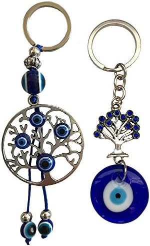 Blue Evil Eye Keychain Ring for Protection and Blessing, Set of 2 Tree of Life Charms