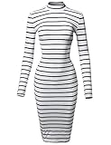 Casual Striped Long Sleeve Mock Neck Midi Dress White Navy L
