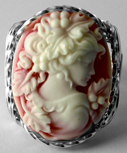 .925 Sterling Silver Red Grecian Goddess Grapes Large Cameo Ring Jewelry