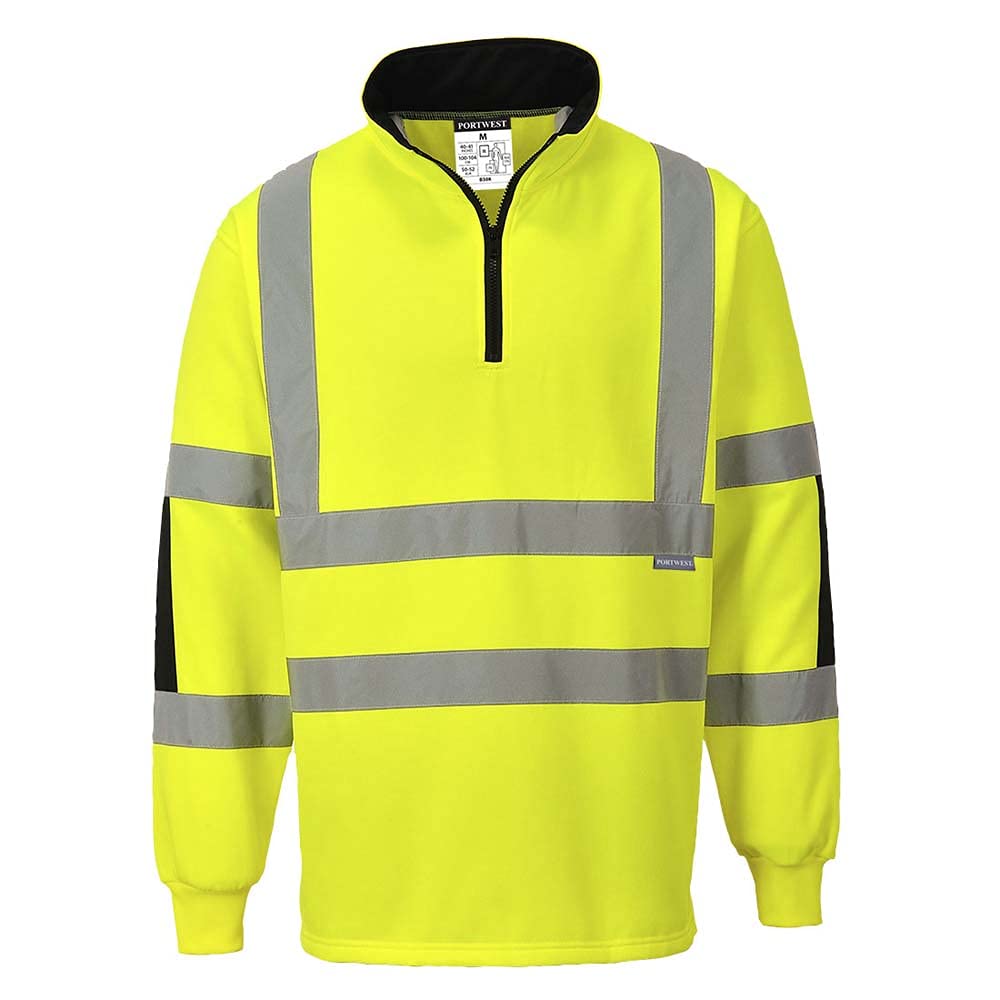 Portwest B308 Xenon Hi Vis Rugby Shirt Durable Cotton Polyester Sweatshirt Reflective Jumper UV Protection 1/4 Zip Ribbed Cuffs EN ISO 20471 Certified Safety Workwear Top, Yellow, 3XL