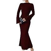GORGLITTER Women's Bell Long Sleeve Cocktail Maxi Dress Crew Neck Bodycon Fishtail Casual Long Dresses