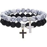 Kysin Chiys 2 Pcs Set Matte Lava Rock Beaded Couple Bracelet Black White 8mm Howlite Volcanic Stone Matching Beads Elastic Cross Pendant Stretch Bracelets Religion Charm BFF Jewelry for Women Men