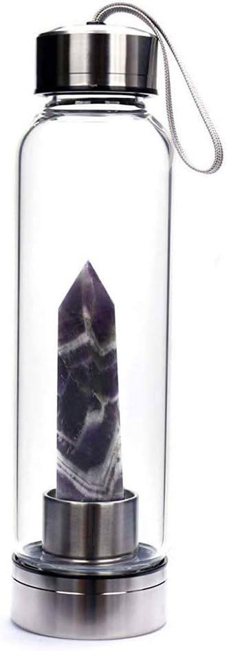 IsEasy 500 ml Removable Crystal Glass Water Bottle, Glass Water Bottle with Precious Stones for Travel, Decorated with a Natural Quartz Crystal Wand, Cristal Violet, 8,5 à 9 cm
