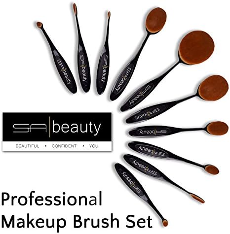 SA Beauty Oval Makeup Brush Set for Foundation Blending Concealer Contour Blush Eyeliner for Face Lips Eyes, Great with Liquid Powder Cream Cosmetics, Tool Gift Set, 10 Piece