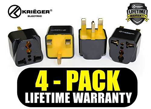 KRIÃ‹GER Grounded Universal UK Hong Kong (type G) British Plug Adapter Adaptor - 4 Pack