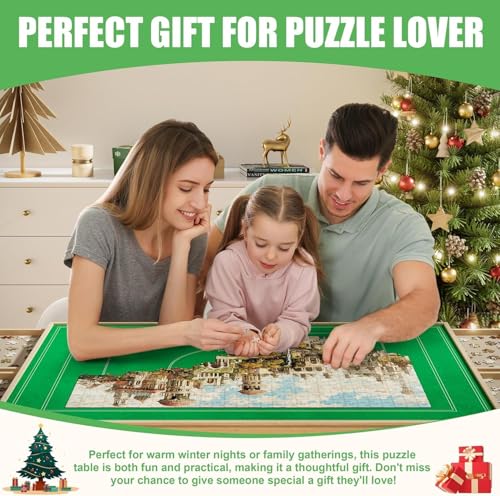 KAPEICamper 1500 Piece Puzzle Table with Adjustable Height, Jigsaw Puzzle Board with 4 Wooden Drawers & 2 Large Fabric Drawer & Cover & Storage Shelf, 86x67cm Angle Board Easel with Wheels for Adult