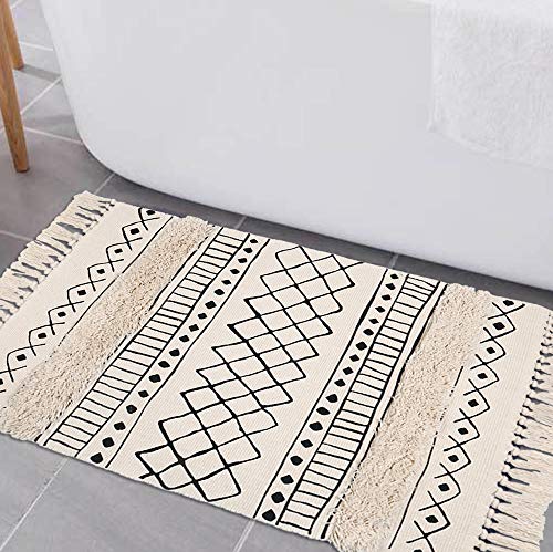 HiiARug Cotton Area Rug Set 2 Piece 2'x3'+2'x4'4, Woven Tufted Area Rug Tassel Geometric Rhombus Throw Rugs Machine Washable Floor Runner Rug for Bedroom Bathroom Living Room Kitchen (Cream CR2pc)