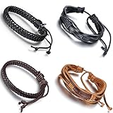 Aroncent 4PCS Handmade Vintage Wristband, Leather Rope Bracelet, Tribal Braided Cuff Bangle, Adjustable