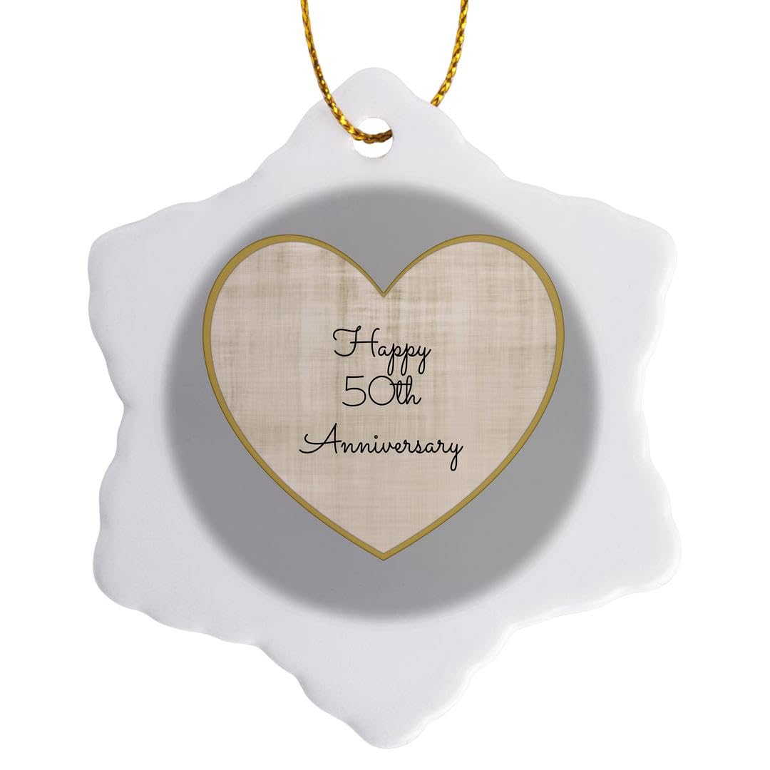 3dRose Happy 50Th Anniversary with Gold and Silver Heart Background Snowflake Ornament, Multi-Colour, 3-Inch