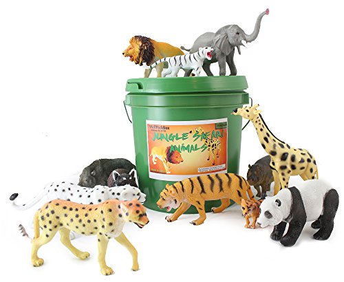 WellPackBox Green Bucket Jungle Safari Animal Zoo Wild Bucket 12 Large Plastic Animal Toys Easy Pick Up Storage