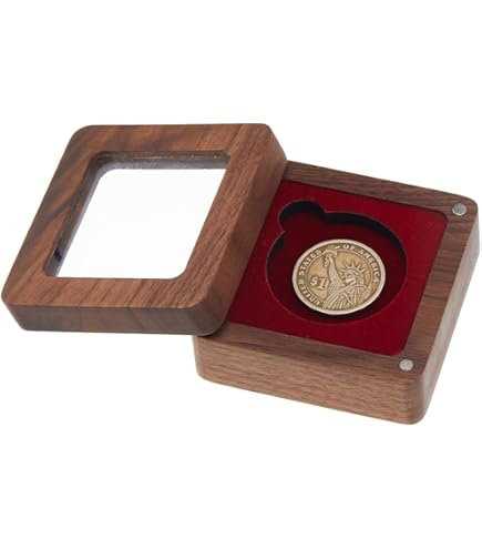 FINGERINSPIRE Walnut Wood Challenge Coin Display Box - 4 Inch Square Magnetic Coin Holder With Window