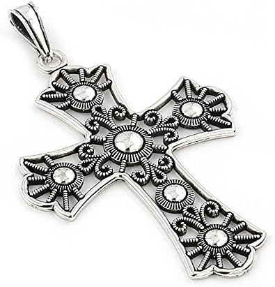 Noureda Sterling Silver Oxidized Decorated Fluer De Lis Cross Pendant with Pendant Dimensions of 52MMx37MM