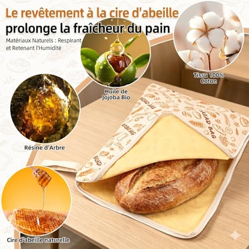 AHJ Sac a Pain Cire Abeille avec Fermeture Éclair, Lot de 2 Sacs de Conservation Pain Réutilisables 43 x 33 cm, Sac à Pain en Coton pour Pain au Levain Fait Maison, Baguette, Fruits et Légumes