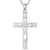 AOBOCO Celtic Cross Opal Necklace 925 Sterling Silver Irish Knot Infinity Cross Pendant Christian Religious Faith Jewelry Gift for Women Her, 18" to 20" Chain