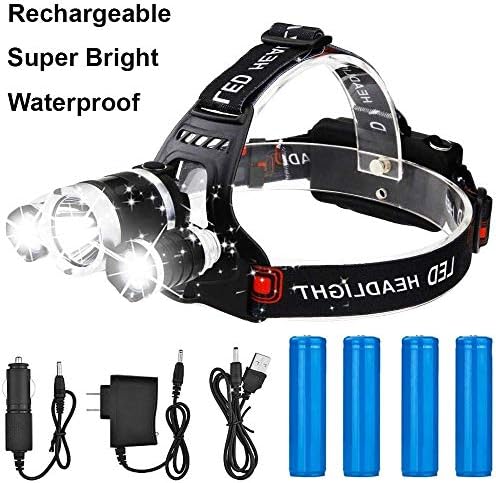 Waterproof T6 LED Headlamp 13000 Lumen Full 8 Pack Powerful Led Headlight + 2 (18650) Rechargeable Batteries + Wall Charger + USB Charger + Car Charger Perfect for Outdoor