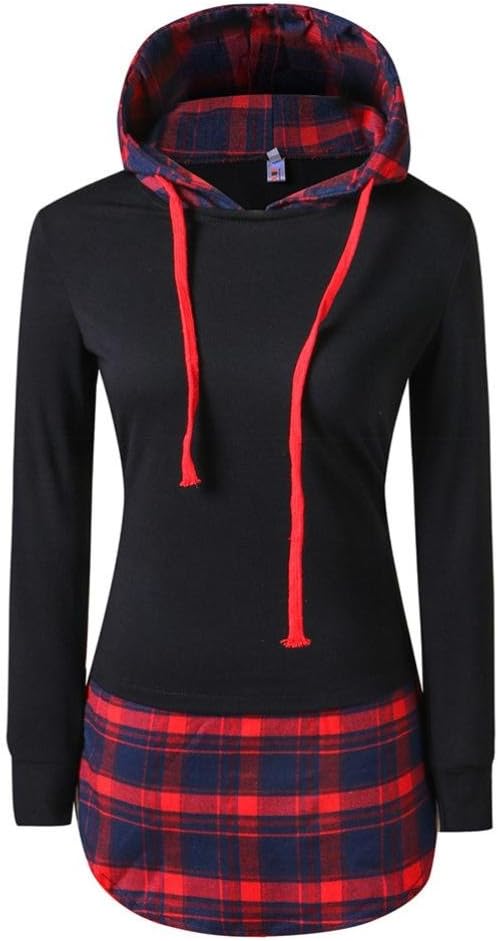 Xjp Women's Casual Plaid Stitching Long Sleeve Pullover Long Hoodies Sweatshirt Tops